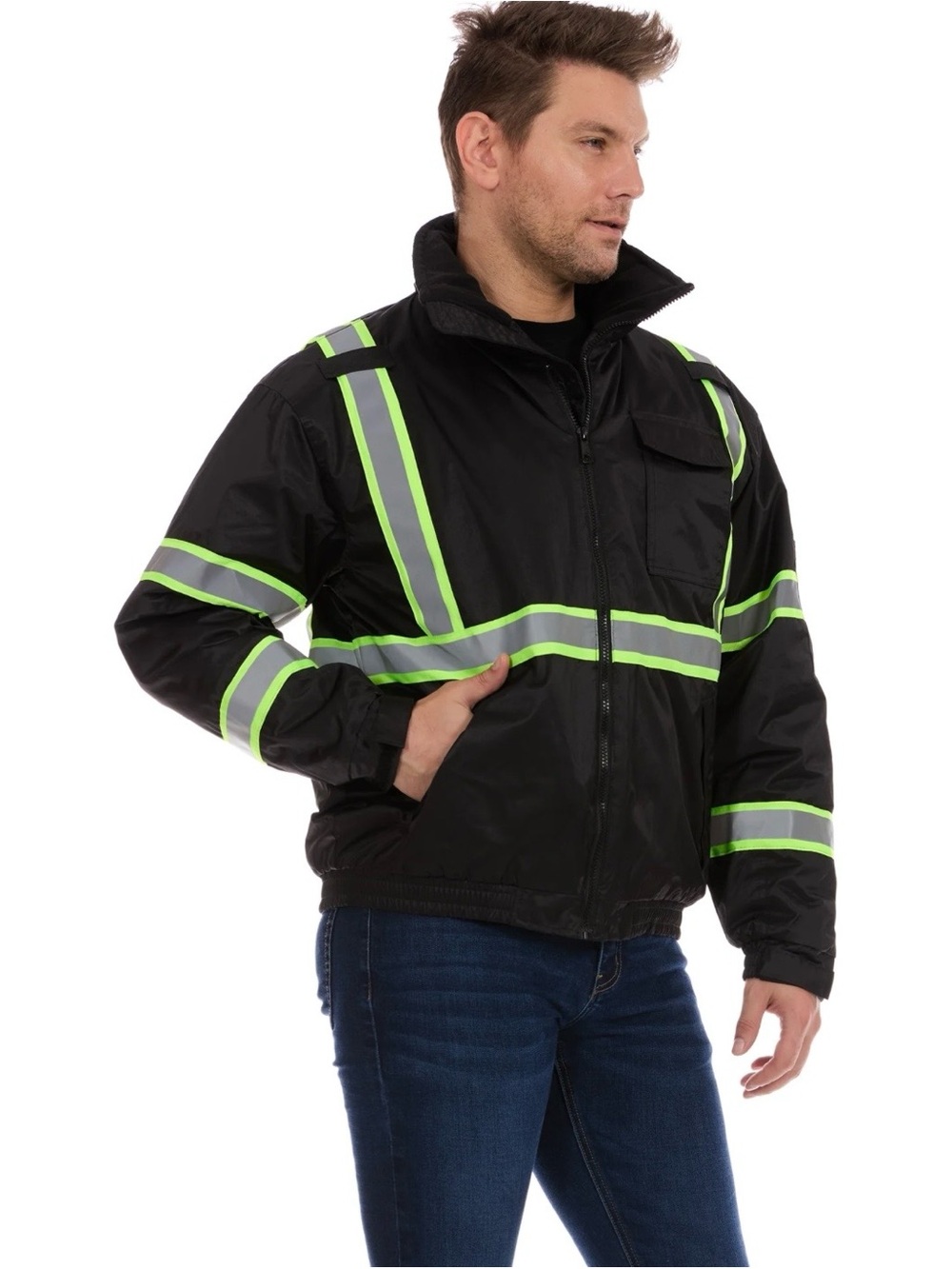 Bass Creek Men's Black High-Visibility Safety Jacket with Lime Reflective Stripe